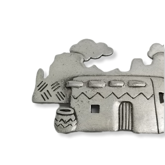 JONETTE JEWELRY 1988 SCENIC SOUTHWESTERN ADOBE HOUSE PEWTER BROOCH - Picture 3 of 4